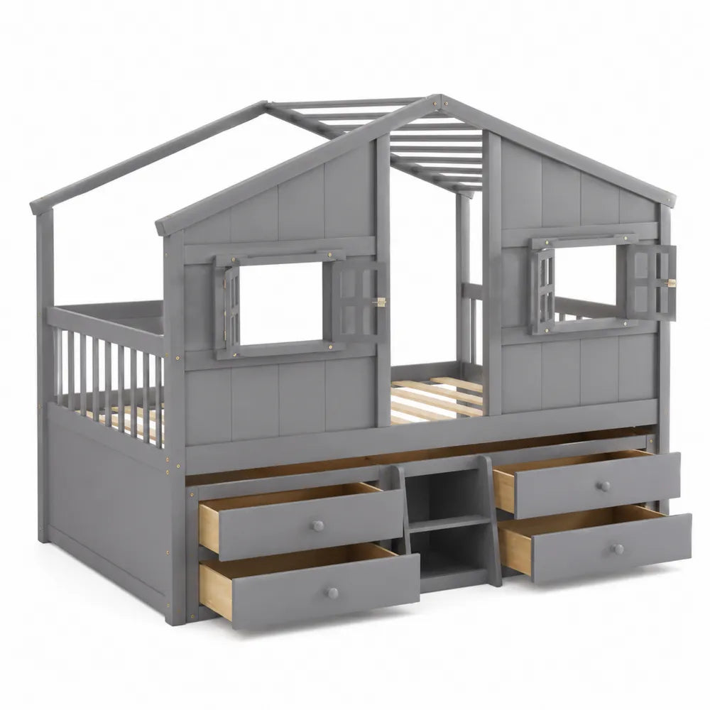 Letto a casetta per bambini in legno massello con cassetti e scaffali grigio