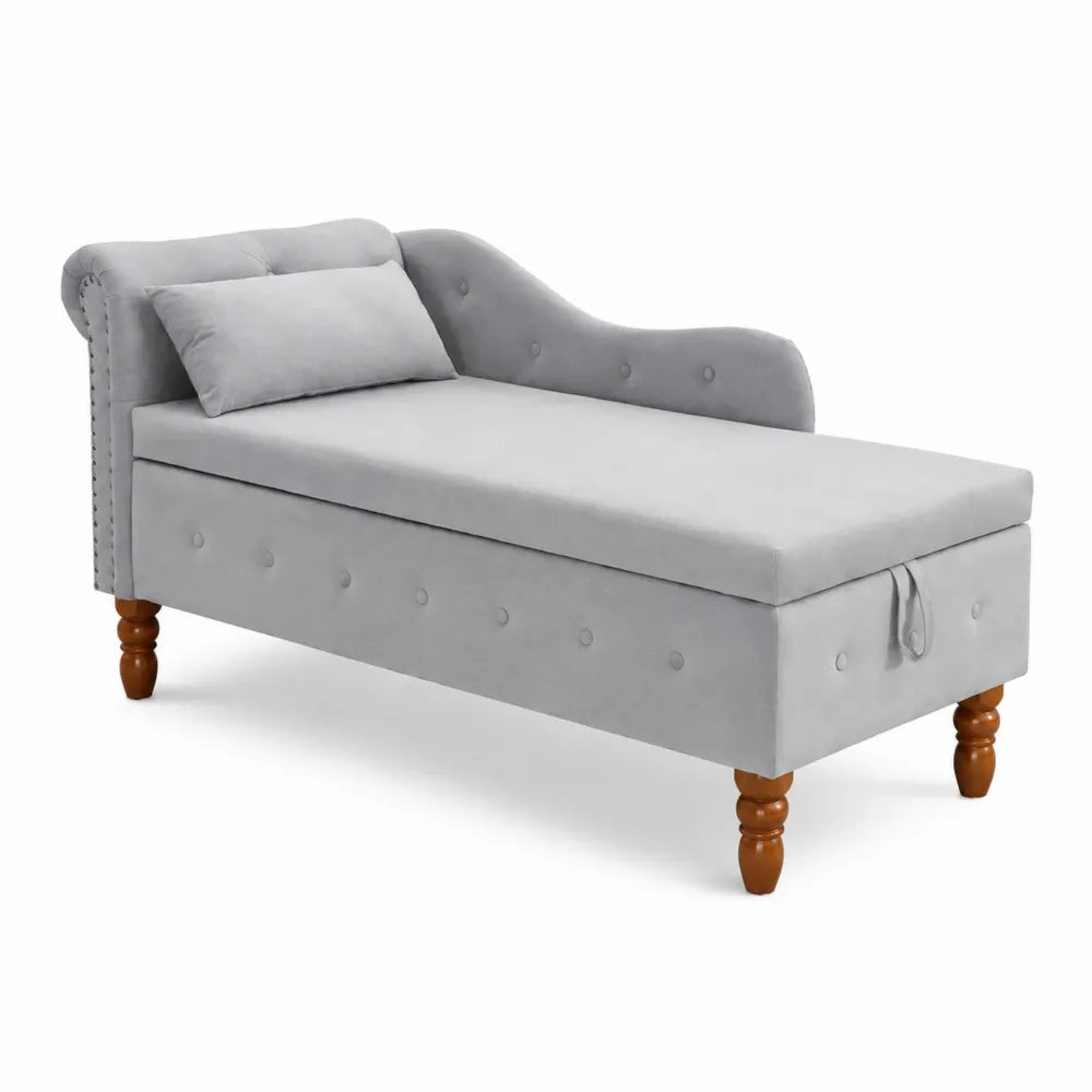 Chaise Longue in Velluto Grigio con Gambe in Legno