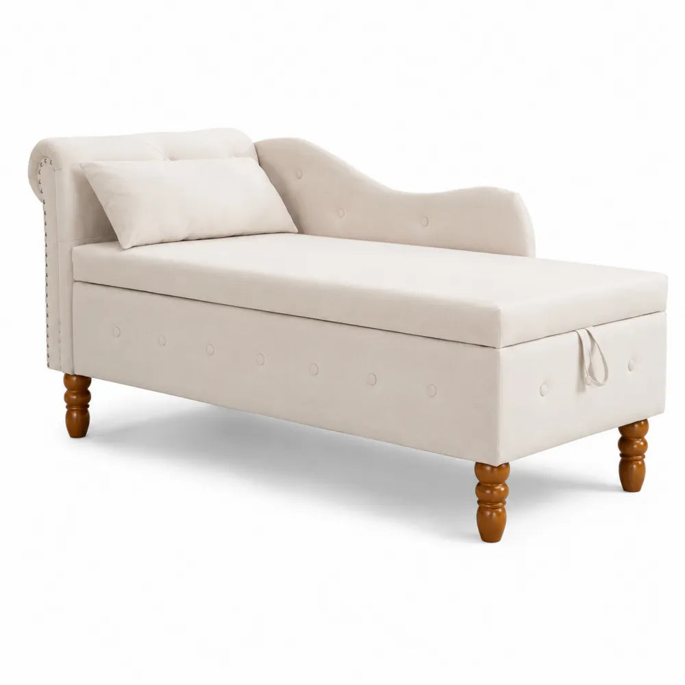 Chaise Longue con Contenitore in Tessuto Beige e Gambe in Legno