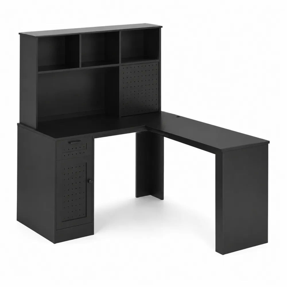 Scrivania ad Angolo MDF Nera con Armadietto e Ripiani