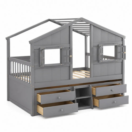 Letto a casetta per bambini in legno massello con cassetti e scaffali grigio