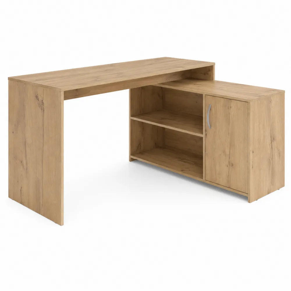Scrivania ad Angolo in Legno di Rovere con Ripiani e Armadietto